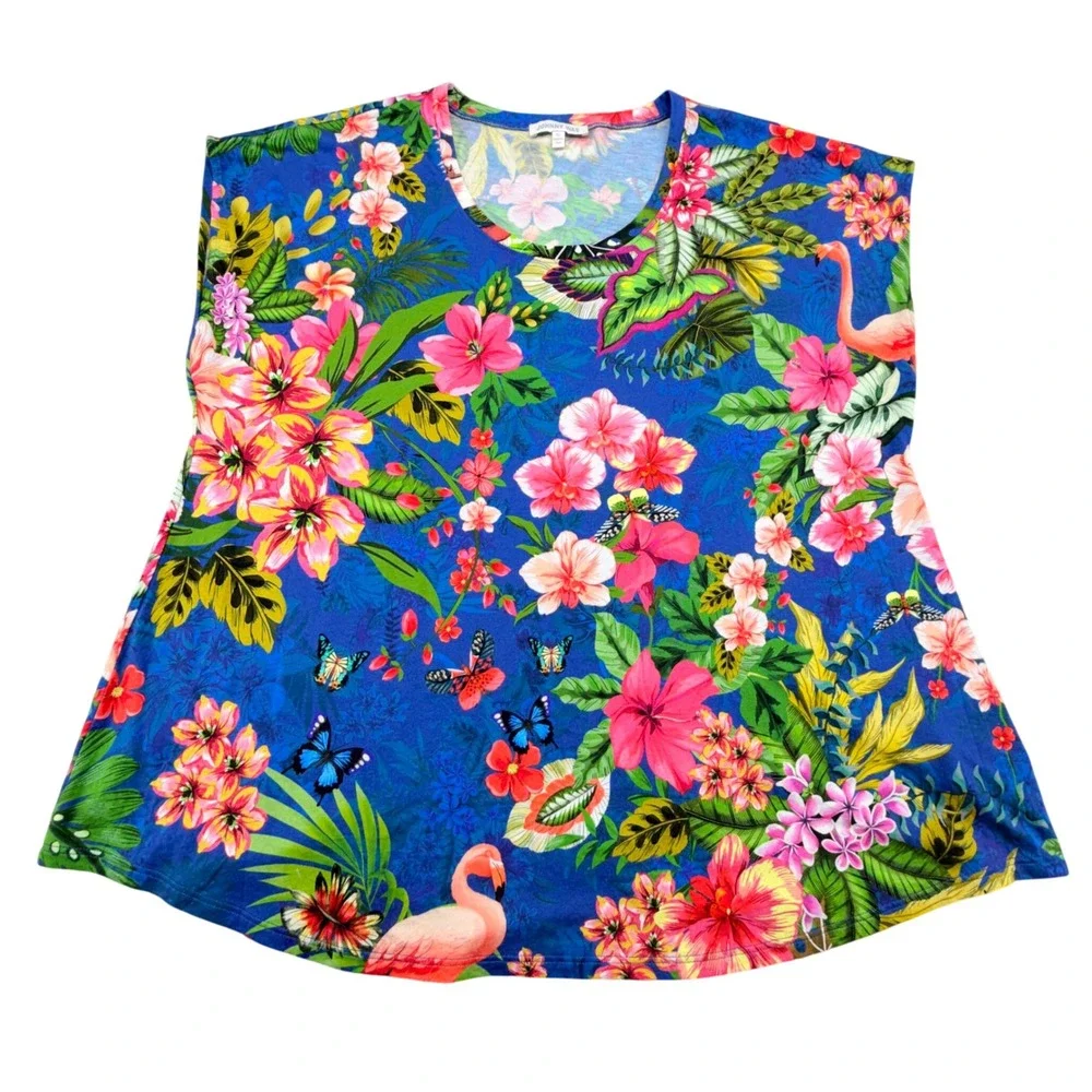 Johnny Was Tropical Flamingo Floral Pajama Set Blue Sleeveless Top Wide Leg Pant